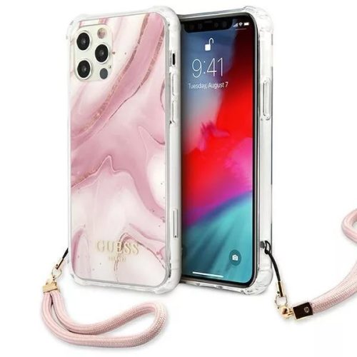 Guess - Apple  iPhone 12/12 Pro Marble Szilikon Csuklópántos hátlap tok - Rózsaszín