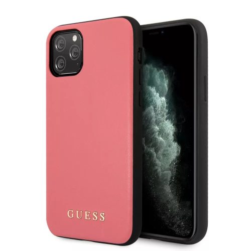 Guess - Apple iPhone 11 Pro Max Logo Bőrhatású Szilikon tok - Rózsaszín