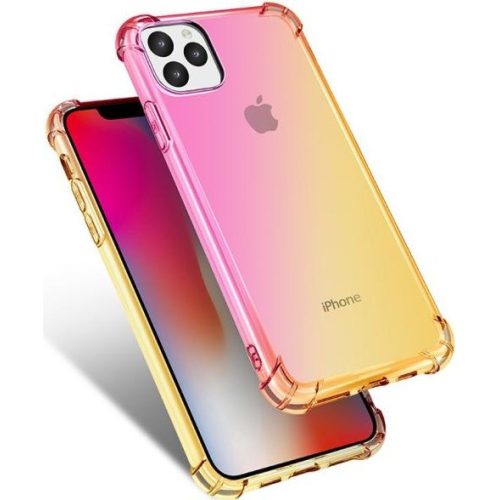 Apple iPhone 11 Pro Erősített sarkú szivárvány szilikon tok - Rózsaszín & Sárga